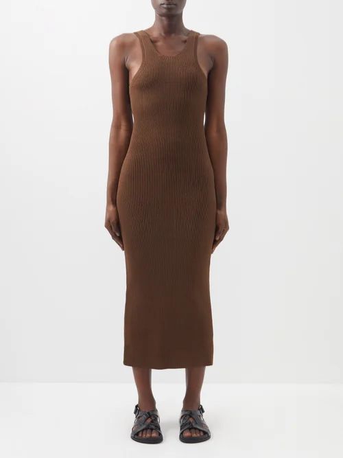 Scoop-neck Ribbed Midi Dress - Womens - Brown
