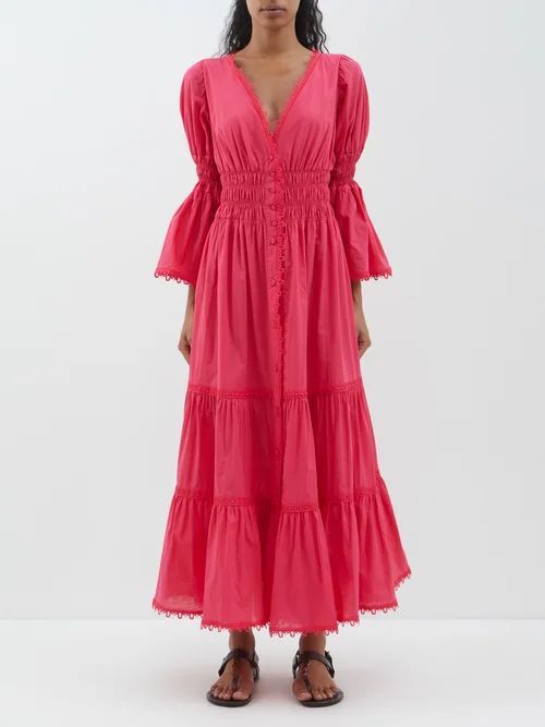 Lipa V-neck Smocked Cotton-blend Maxi Dress - Womens - Fuschia