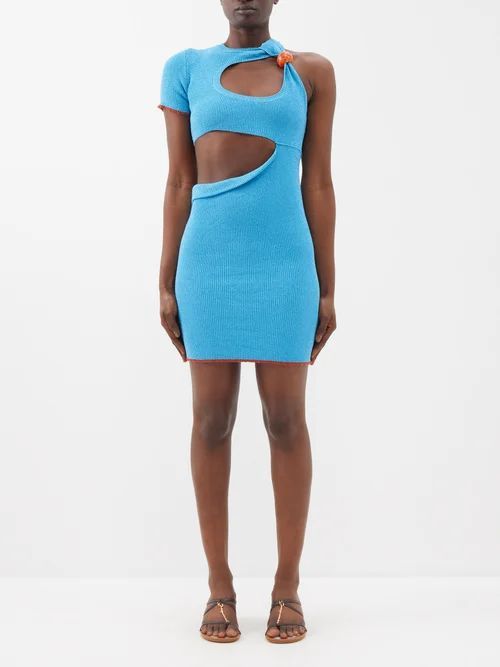 Brilho One-shoulder Cutout Lurex-knit Mini Dress - Womens - Turquoise
