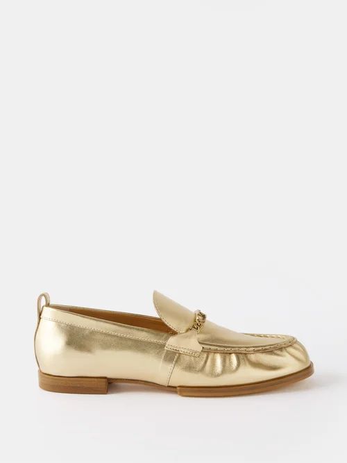 Chain-embellished Metallic-leather Loafers - Womens - Gold
