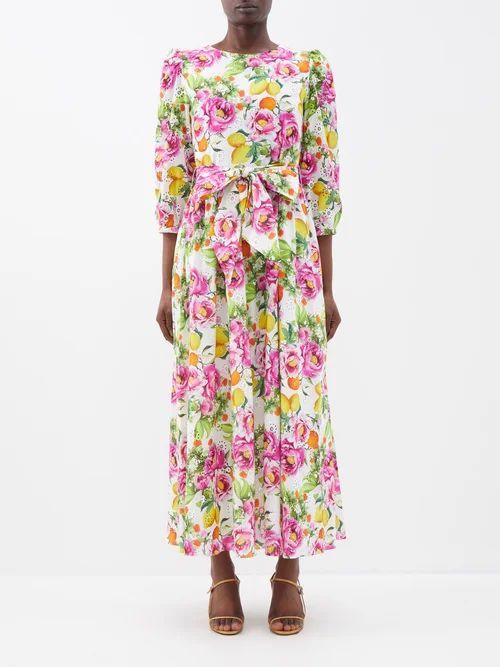 Constance Floral-print Bow-waist Cotton Dress - Womens - Pink Multi