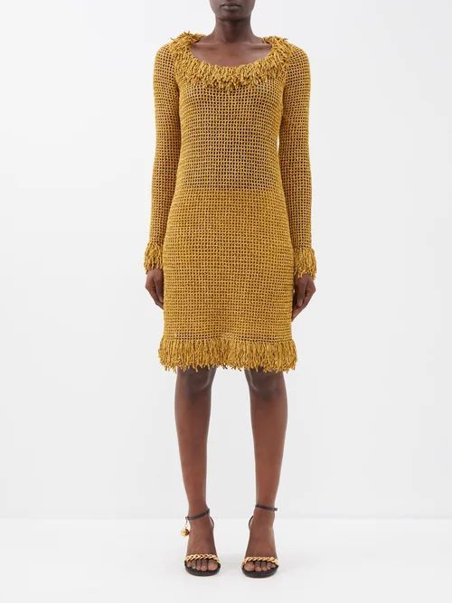 Crocheted Fringed Open-knit Dress - Womens - Gold