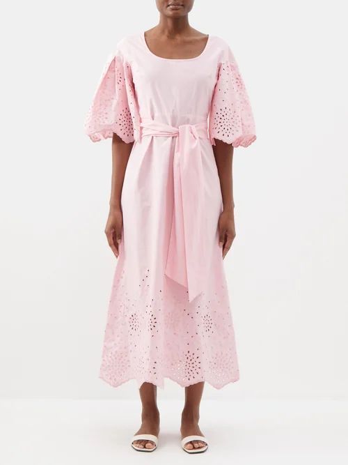 Elide Broderie-anglaise Belted Cotton-blend Dress - Womens - Light Pink
