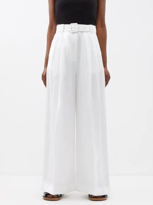 Florentina Belted Slubbed Wide-leg Trousers - Womens - Off White
