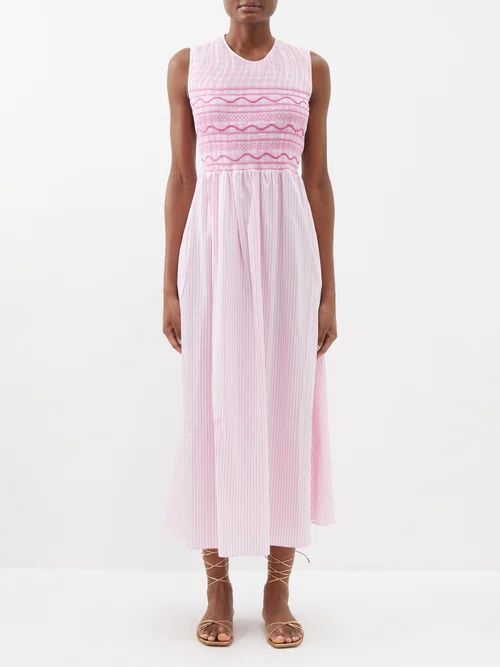 Gioia Shirred Cotton Midi Dress - Womens - Pink Stripe