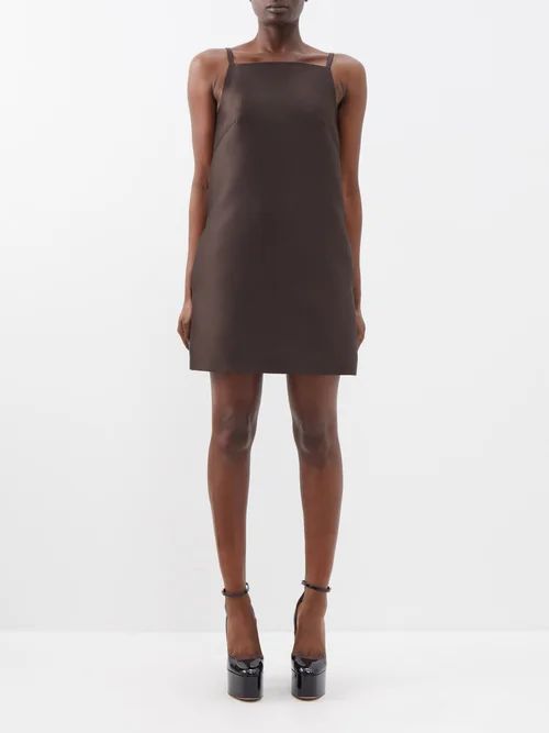 Square-neck Satin Mini Dress - Womens - Dark Brown