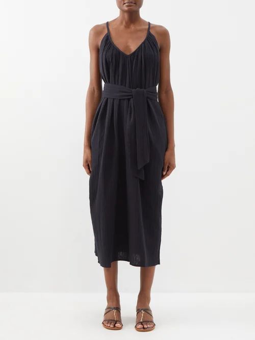 Sydney Belted Organic-cotton Midi Dress - Womens - Black