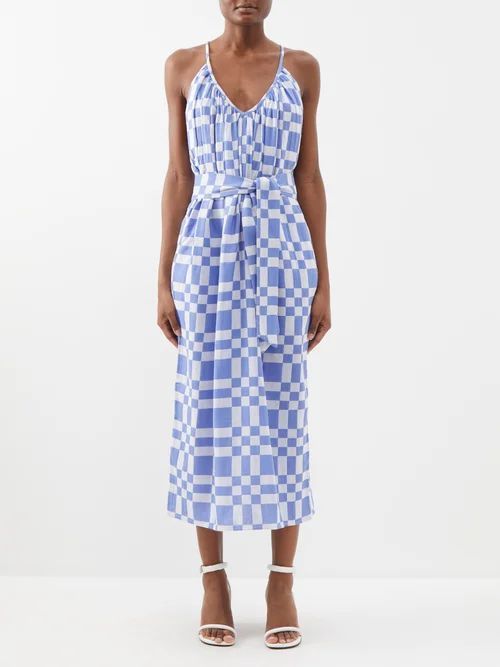 Sydney Checked Organic Cotton-blend Midi Dress - Womens - White Blue