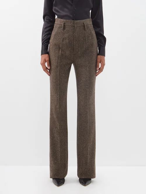 High-waist Herringbone-tweed Wool Trousers - Womens - Brown Multi