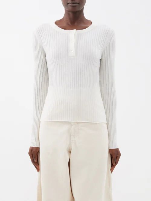 Ribbed Cashmere Henley Top - Womens - Ivory