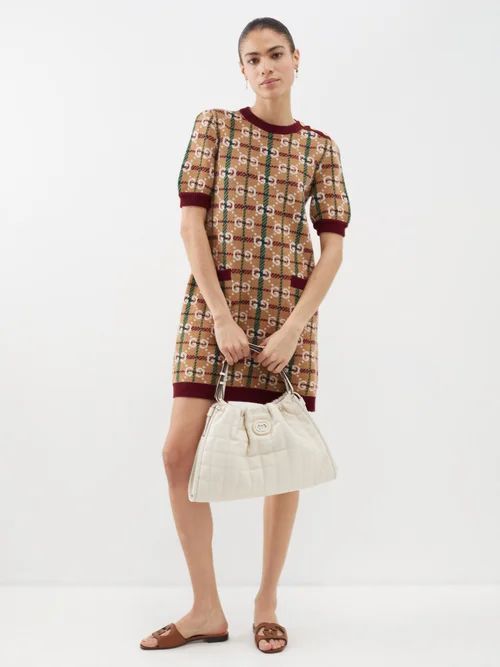 GG-jacquard Checked Wool Mini Dress - Womens - Light Brown Multi