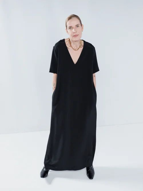 Low V-neck Silk T-shirt Maxi Dress - Womens - Black