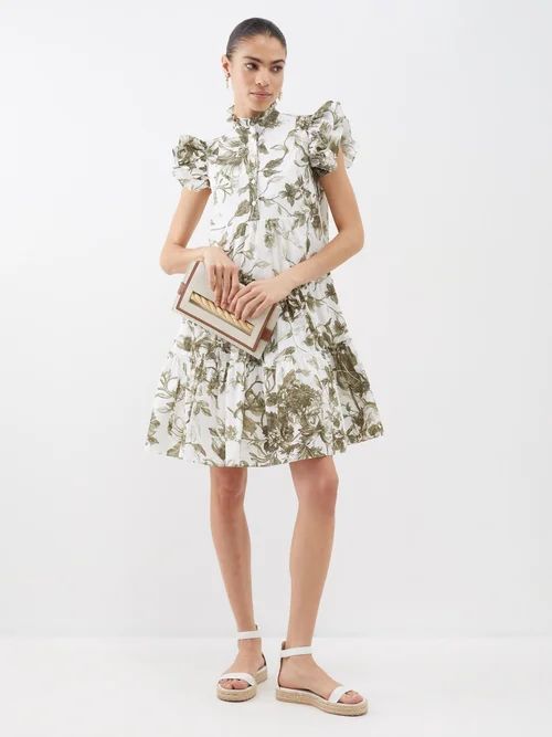 Pomona Floral-print Cotton-poplin Mini Dress - Womens - White Green