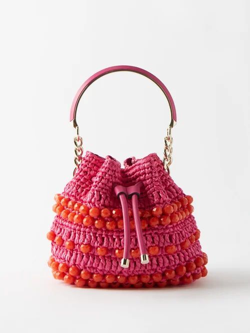 Bon Bon Beaded Crochet-raffia Bucket Bag - Womens - Pink Multi
