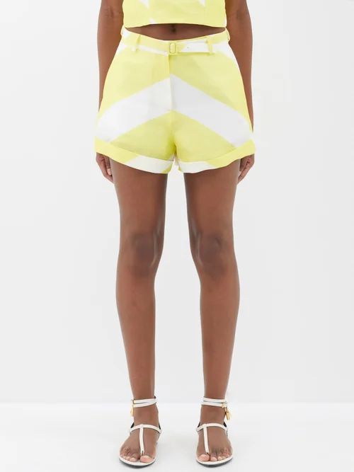 Era Geometric-print Linen-blend Shorts - Womens - Yellow White