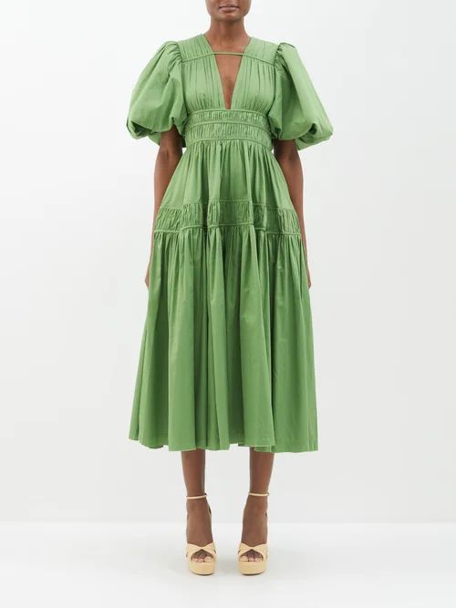 Fallingwater Pintuck-pleated Cotton Midi Dress - Womens - Khaki