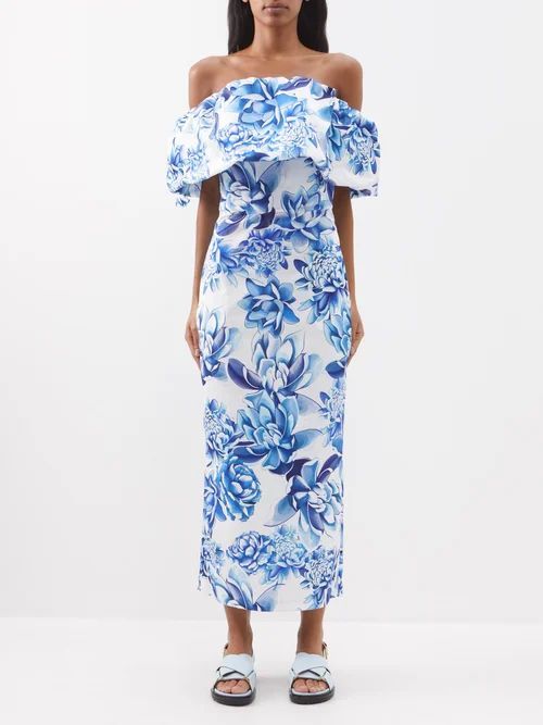 Hailie Peony-print Off-the-shoulder Twill Dress - Womens - White Blue