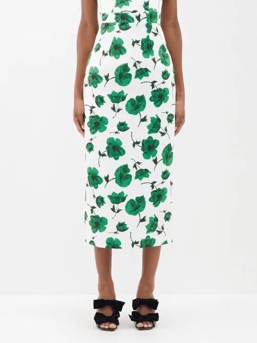 Lorinda Floral-print Taffeta Pencil Skirt - Womens - Green Print