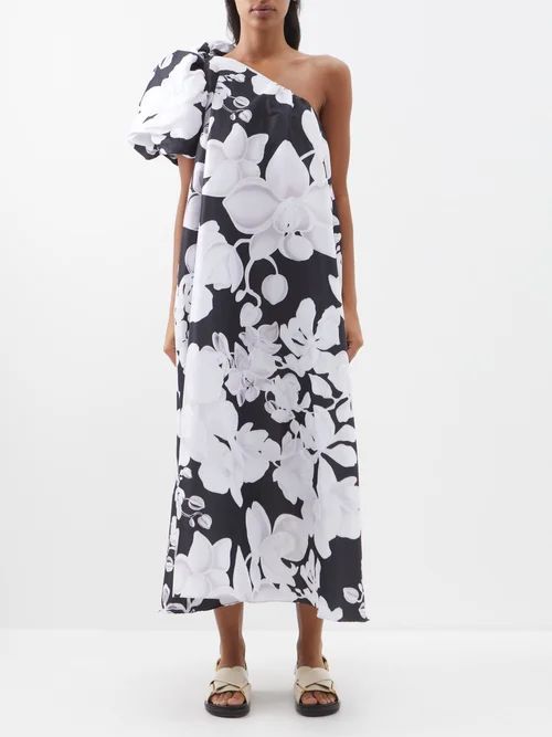 Mikaela One-shoulder Orchid-print Taffeta Dress - Womens - Black White