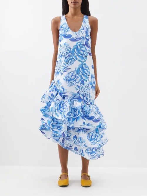 Ronda Ruffled-trim Floral-print Taffeta Dress - Womens - White Blue