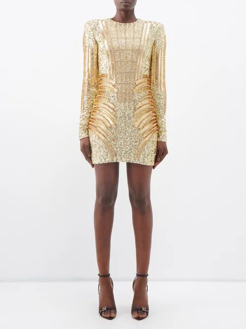 Sequinned Long-sleeved Silk-blend Dress - Womens - Gold