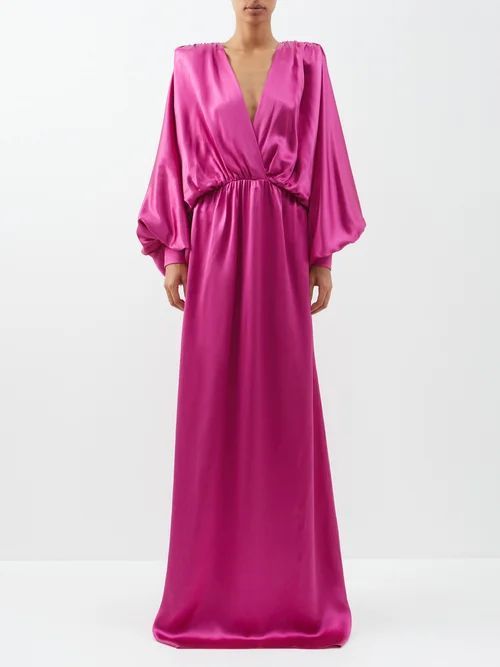 Wrap-front Balloon-sleeve Silk-blend Gown - Womens - Dark Pink