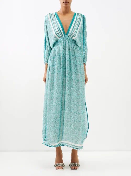 Ibiza Plunge-front Printed Silk Maxi Dress - Womens - Turquoise