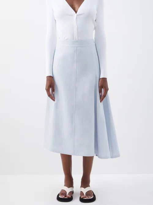 Asymmetric Coated-linen Midi Skirt - Womens - Light Blue