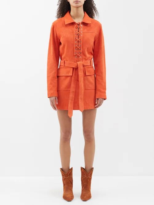 Akos Laced-front Suede Mini Dress - Womens - Orange