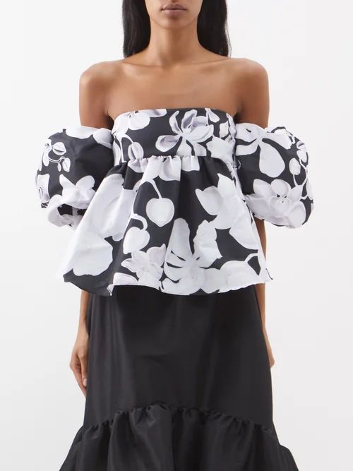 Ally Orchid-print Off-the-shoulder Taffeta Top - Womens - Black White