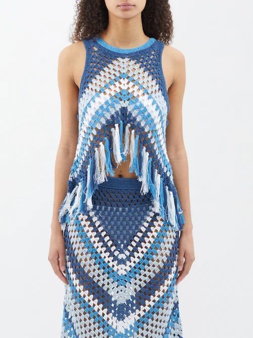 Boris Tasselled Cotton-crochet Cropped Top - Womens - Blue Stripe