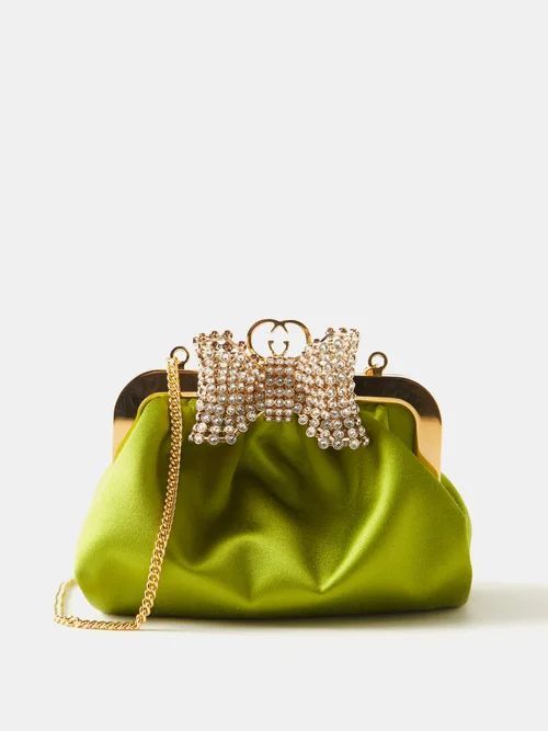 Crystal-embellished Bow Satin Clutch Bag - Womens - Green