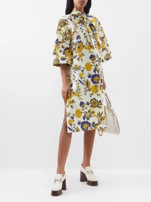 Floral-print Bow-neck Cotton Poplin Midi Dress - Womens - White Yellow Multi