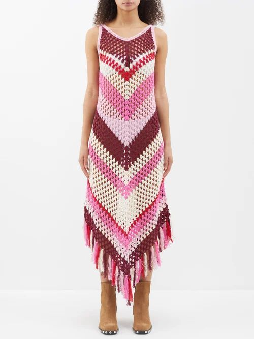 Morten Chevron-stripe Crochet-cotton Midi Dress - Womens - Pink Multi