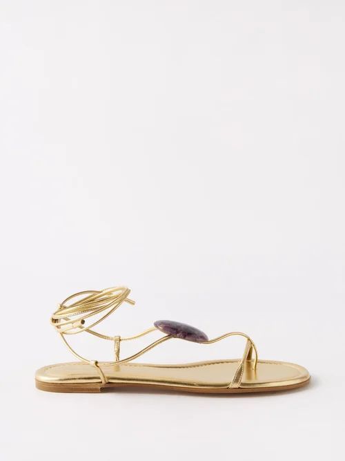 Stone-embellished Leather Sandals - Womens - Gold