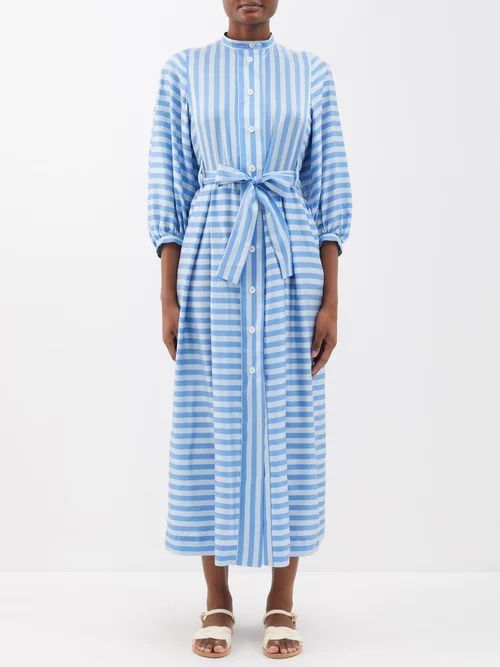 Yvonne Striped Silk Midi Dress - Womens - Blue Stripe