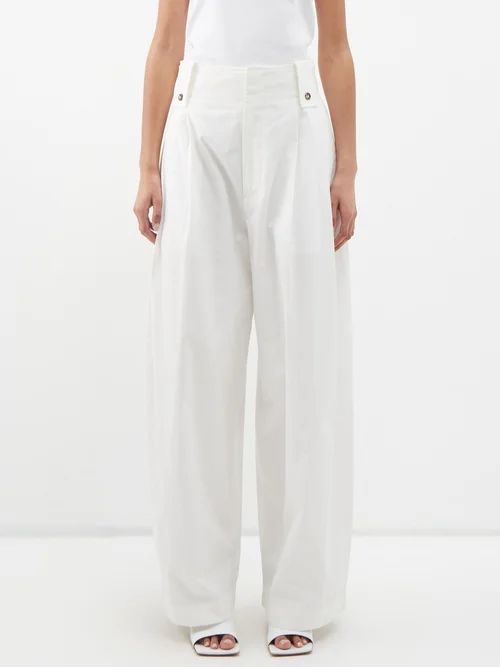 Pleated Wide-leg Twill Trousers - Womens - White