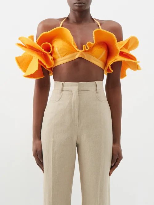 Artichaut Ruffled Cotton Cropped Top - Womens - Orange