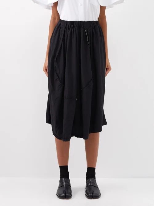 Frayed Twill Midi Skirt - Womens - Black