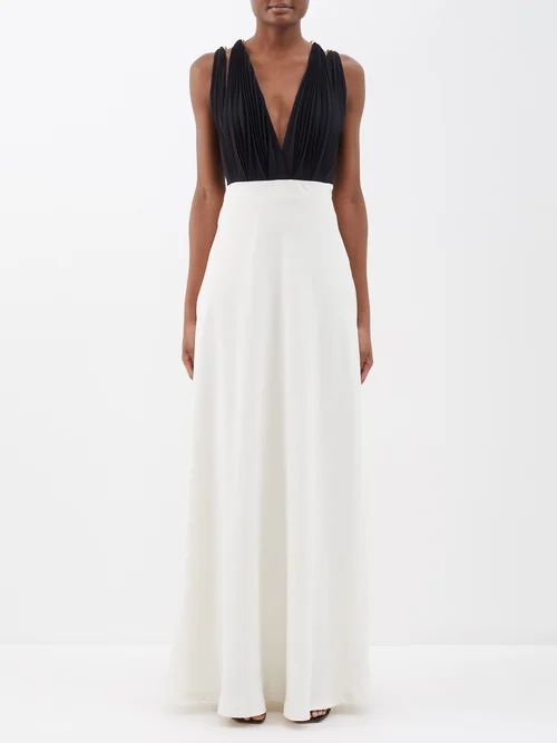 Iphigenia Beaded-shoulder Plunge Maxi Dress - Womens - Black White