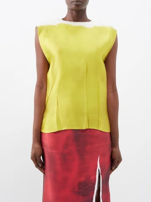 Paint-effect Silk-blend Satin Sleeveless Top - Womens - Yellow