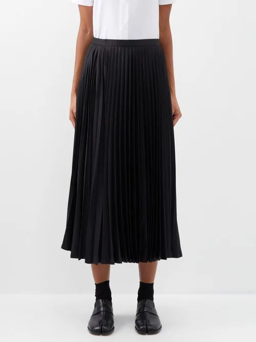 Pleated High-rise Satin Midi Skirt - Womens - Black