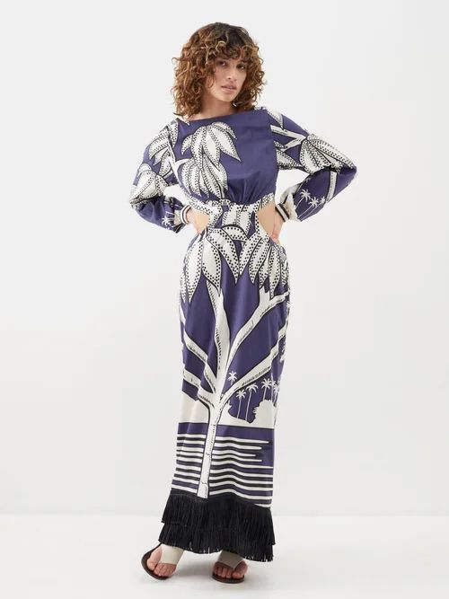 Holistic Jungle-print Fringed Cotton Maxi Dress - Womens - Navy Print