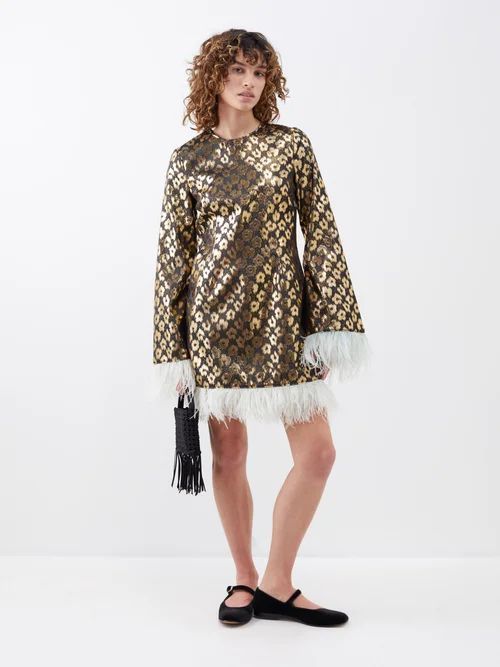 Twiggy Feather-trim Leopard-brocade Mini Dress - Womens - Gold Multi