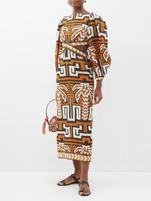 Luz De Atardecer Cutout Cotton Maxi Dress - Womens - Brown Print