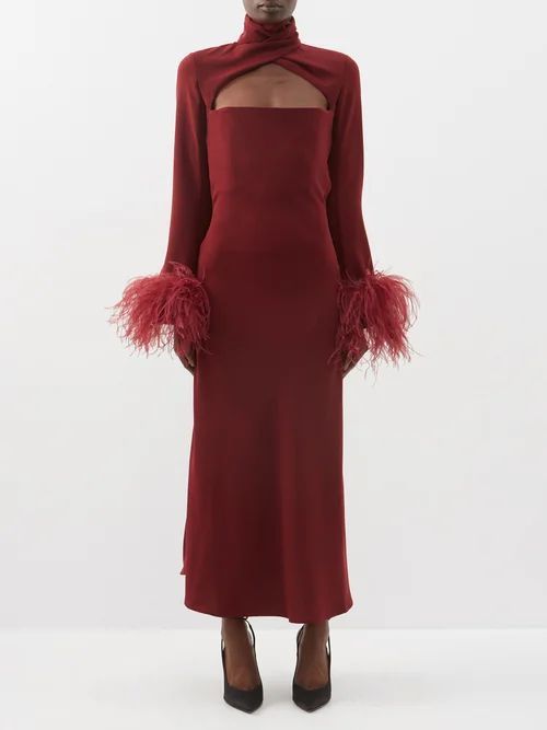 Odessa Wrap-neck Feather-trim Crepe Dress - Womens - Burgundy