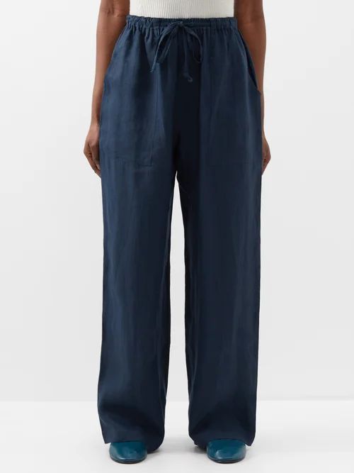 Drawstring-waist Linen Wide-leg Trousers - Womens - Navy
