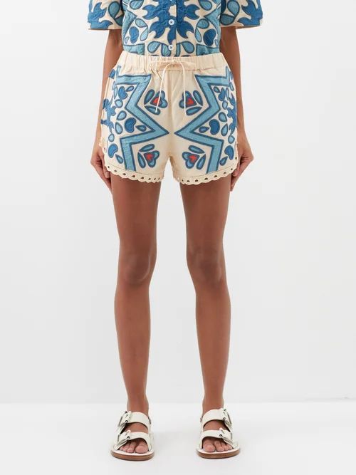 Kaia Kaleidoscope-appliqué Cotton-blend Shorts - Womens - White Blue