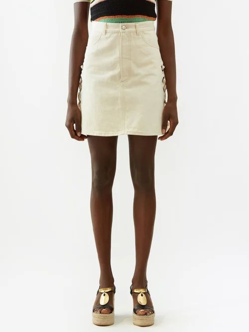 Lace-up Side Denim Mini Skirt - Womens - Cream