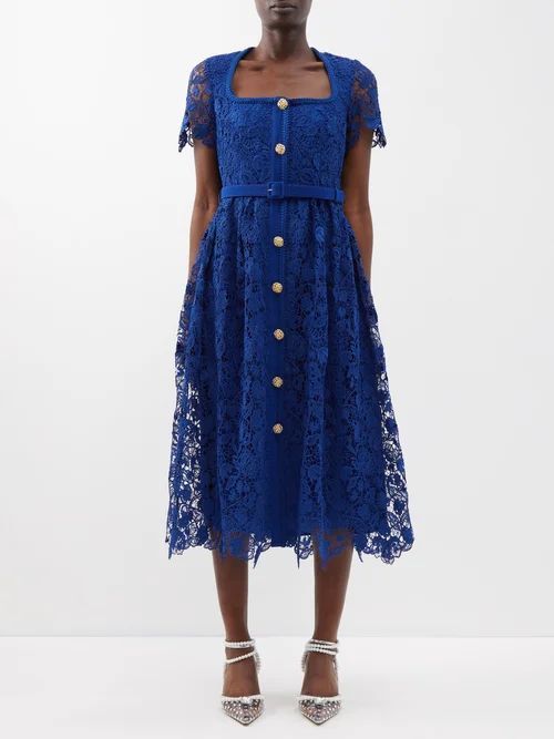 Belted Guipure-lace Midi Dress - Womens - Dark Blue